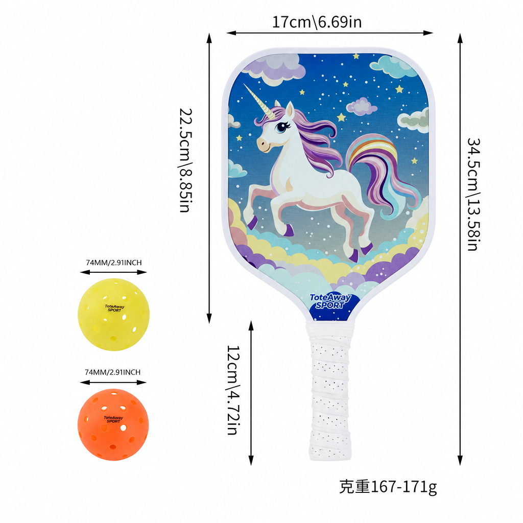 TOTEAWAY SPORT Kids Mini "Rainbow Unicorn" Pickleball Paddle – Lightweight PP Honeycomb Core 169g Fiberglass Racket for Children