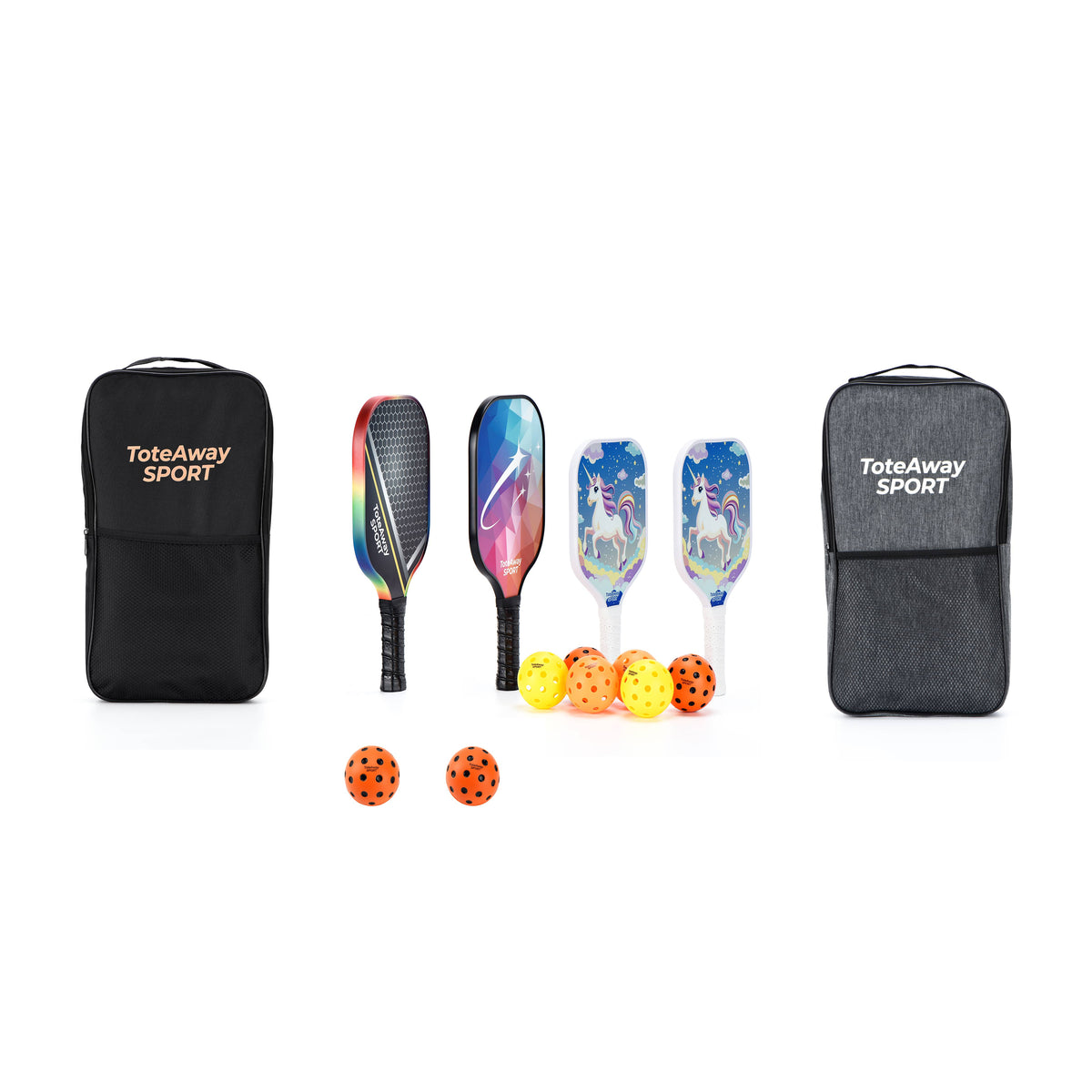 TOTEAWAY SPORT Family Pickleball Set for 4 – 2 Adult Paddles (16mm Control + 13mm Power), 2 Kids Paddles, 4 Outdoor & 4 Silent Balls, 2 Cases